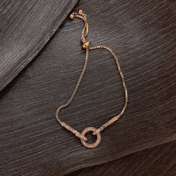 NEW Gold Circle Round Diamond Link Bar Adjustable Bracelet - Picture 8 of 9